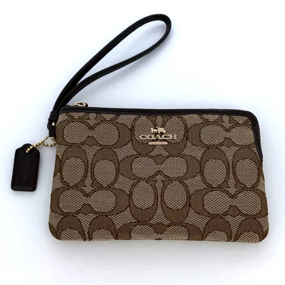 COACH Corner Zipped Wristlet In Signature Jacquard Canvas Leather Trim NEW